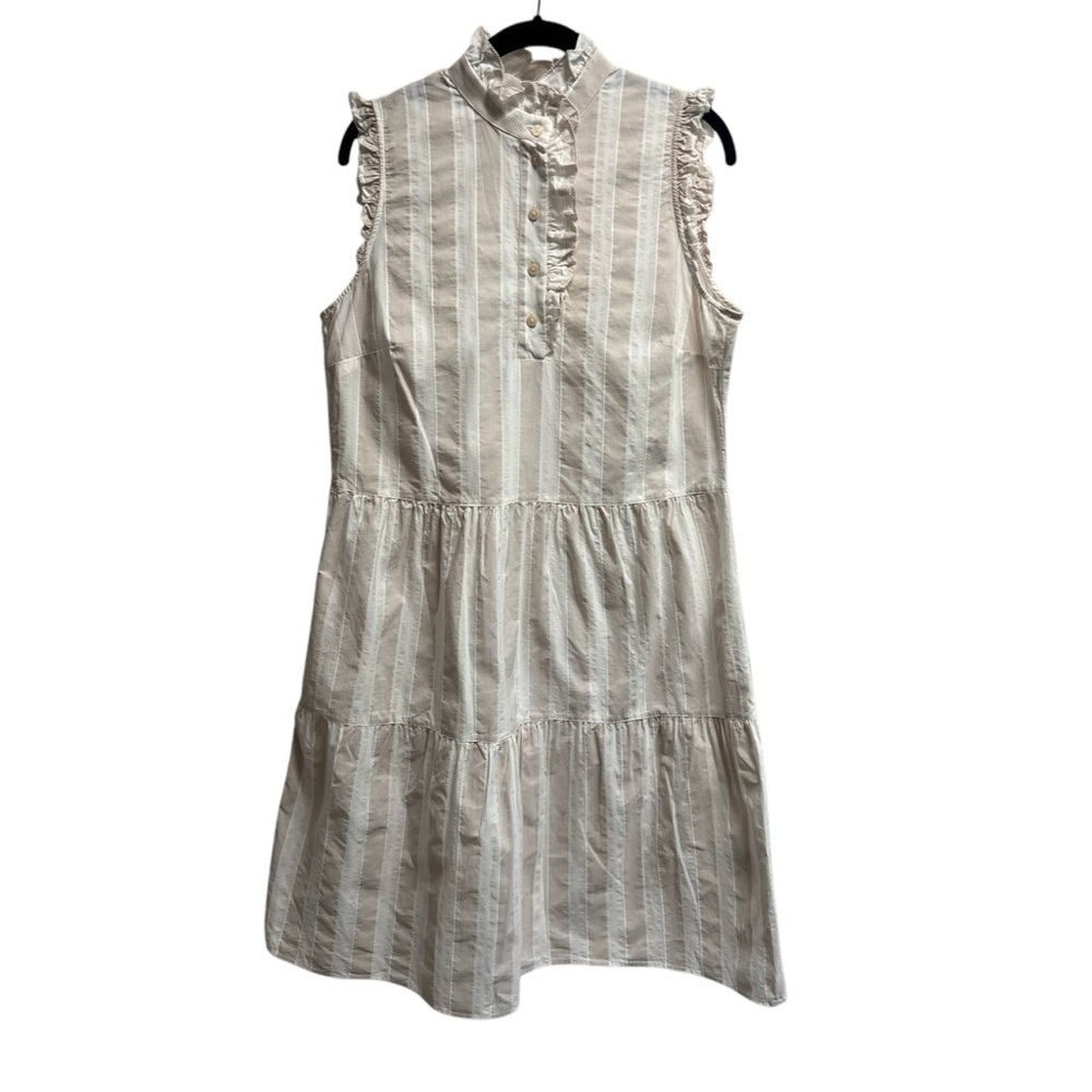 0039 ITALY Women’s Tan and White Sleeveless Striped Tiered Dress - Size Small